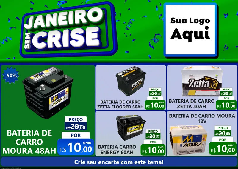 Modelo de Encarte para Encarte A4 Horizontal com o tema Janeiro Sem Crise para Baterias Elétricas