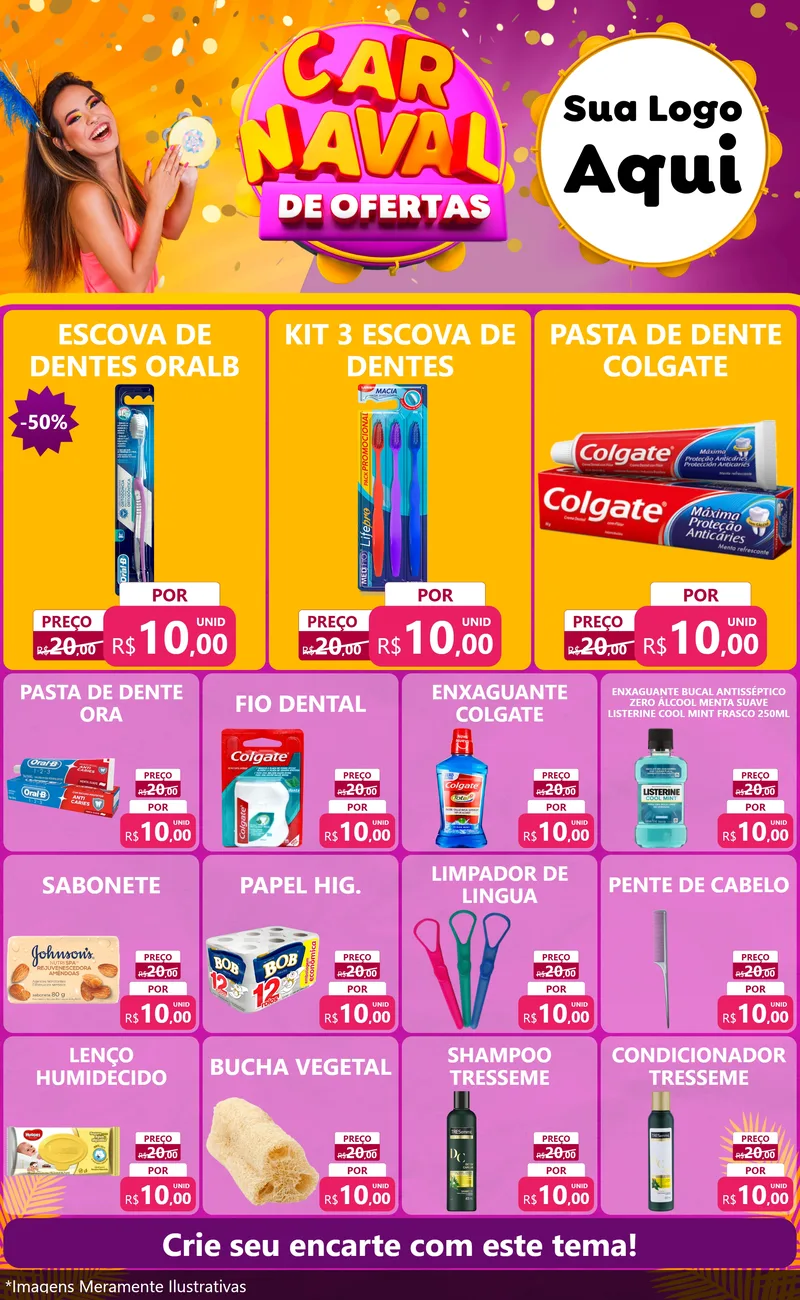 Modelo de Encarte para Encarte Grande com o tema Carnaval de Ofertas para Higiene Pessoal