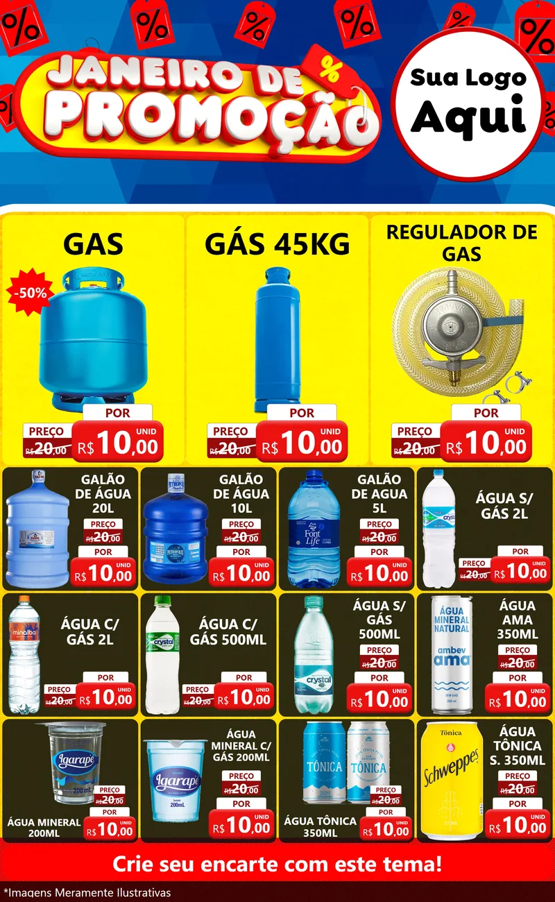 Modelo de Encarte para Encarte Grande com o tema Janeiro de Promoção para Água e gás