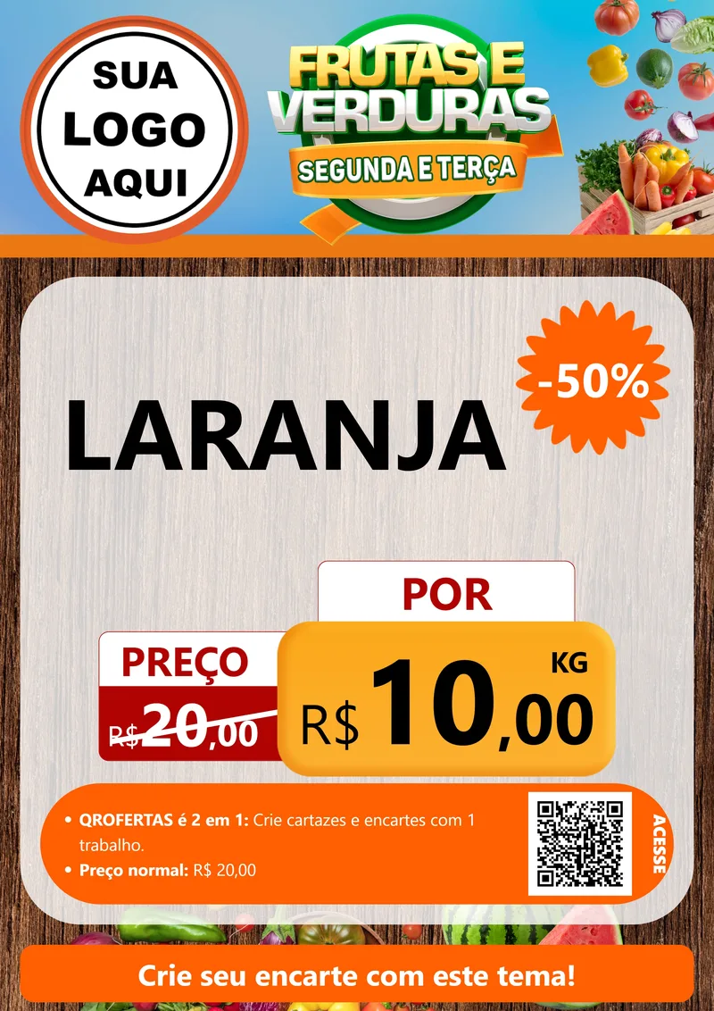 Modelo de Cartaz para Cartaz A4 Vertical com o tema Frutas e Verduras Segunda e Terça para Hortifrúti