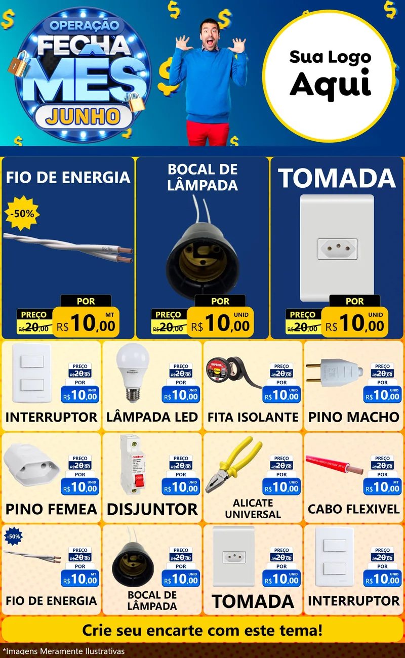 Modelo de Encarte para Encarte Grande com o tema Operação Fecha Mês, Junho para Materiais Elétricos