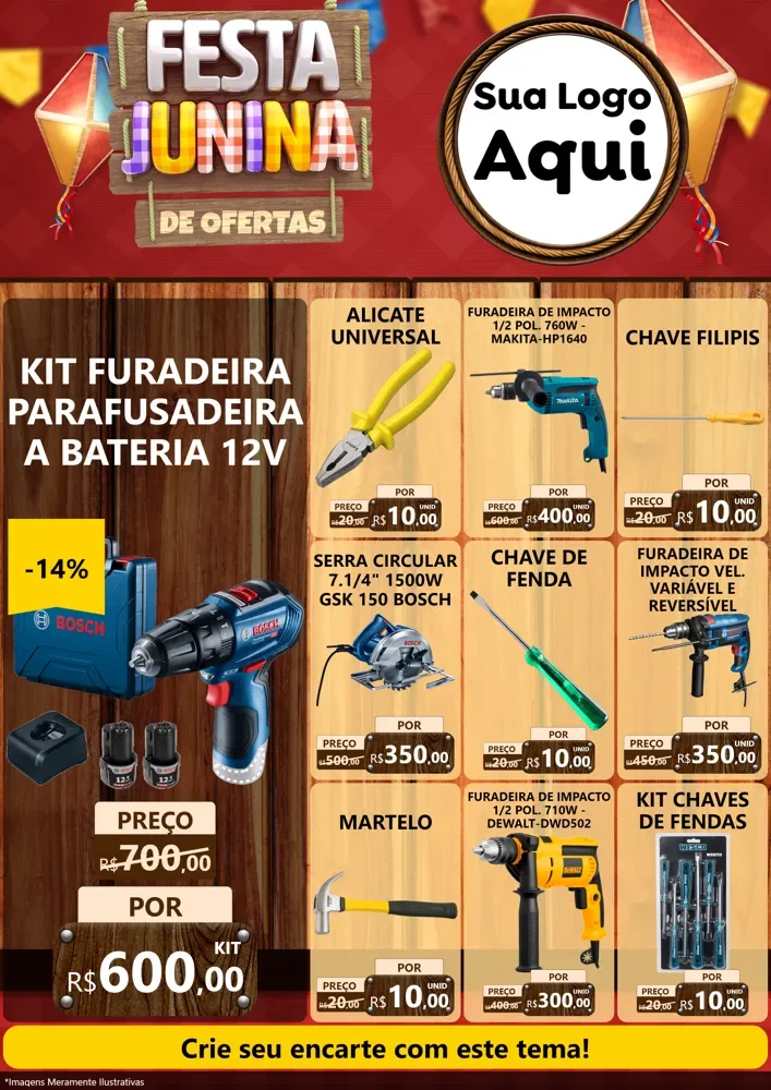 Modelo de Encarte para Encarte A4 Vertical com o tema Festa Junina de Ofertas para Maquinas e Ferramentas