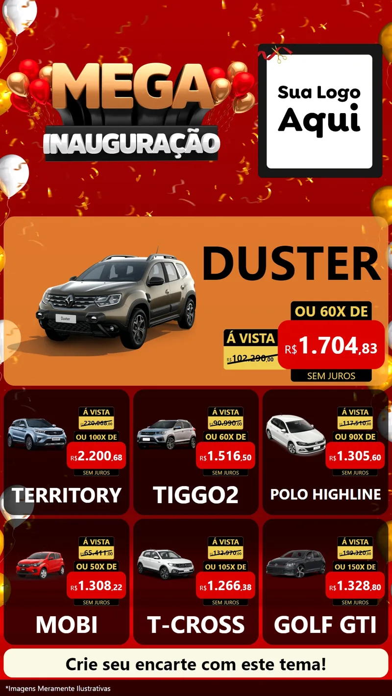 Modelo de Rede Social para Stories com o tema Mega Inauguração para Concessionaria de Carros
