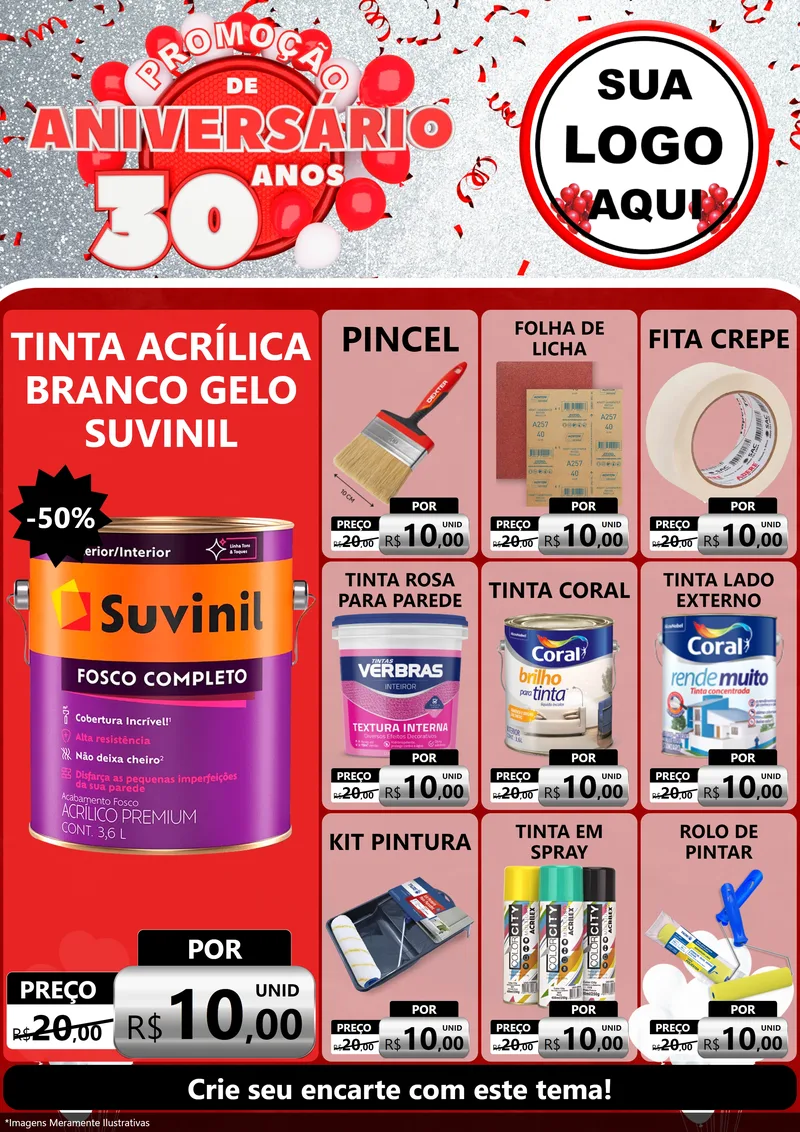 Modelo de Encarte para Encarte A4 Vertical com o tema Promoção de Aniversário - 30 Anos para Tintas e Ferramentas