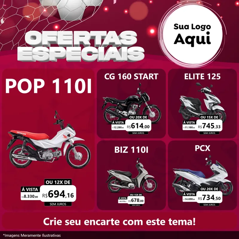 Modelo de Rede Social para Feed Facebook com o tema Ofertas Especiais - Futebol para Concessionaria de Motos