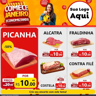 Modelo de Rede Social para Feed Facebook com o tema Comece Janeiro Economizando para Açougue