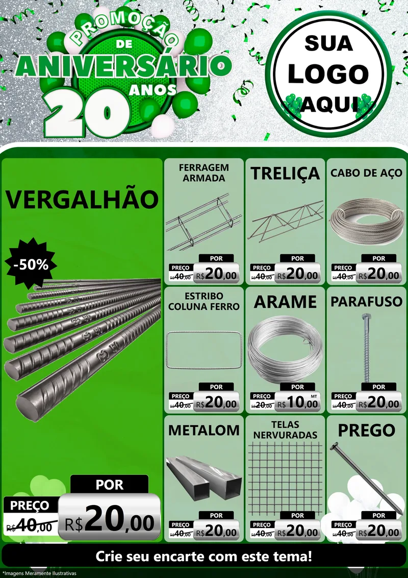 Modelo de Encarte para Encarte A4 Vertical com o tema Promoção de Aniversário - 20 Anos para Ferragens