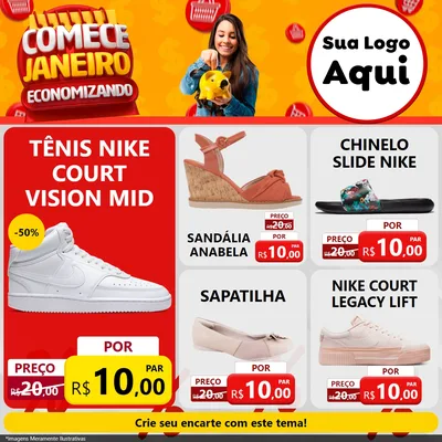 Modelo de Rede Social para Feed Facebook com o tema Comece Janeiro Economizando para Calçados