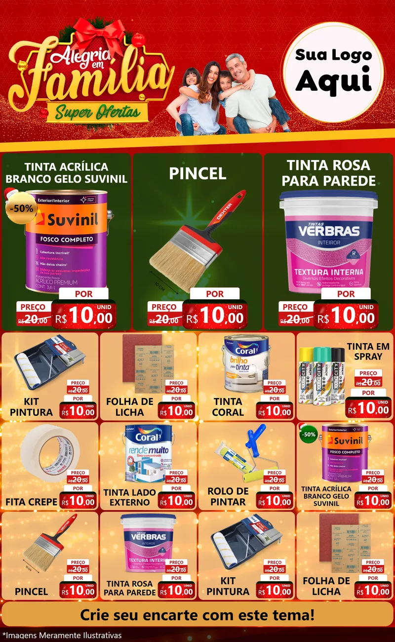 Modelo de Encarte para Encarte Grande com o tema Alegria em Família Super Ofertas - Natal para Tintas e Ferramentas