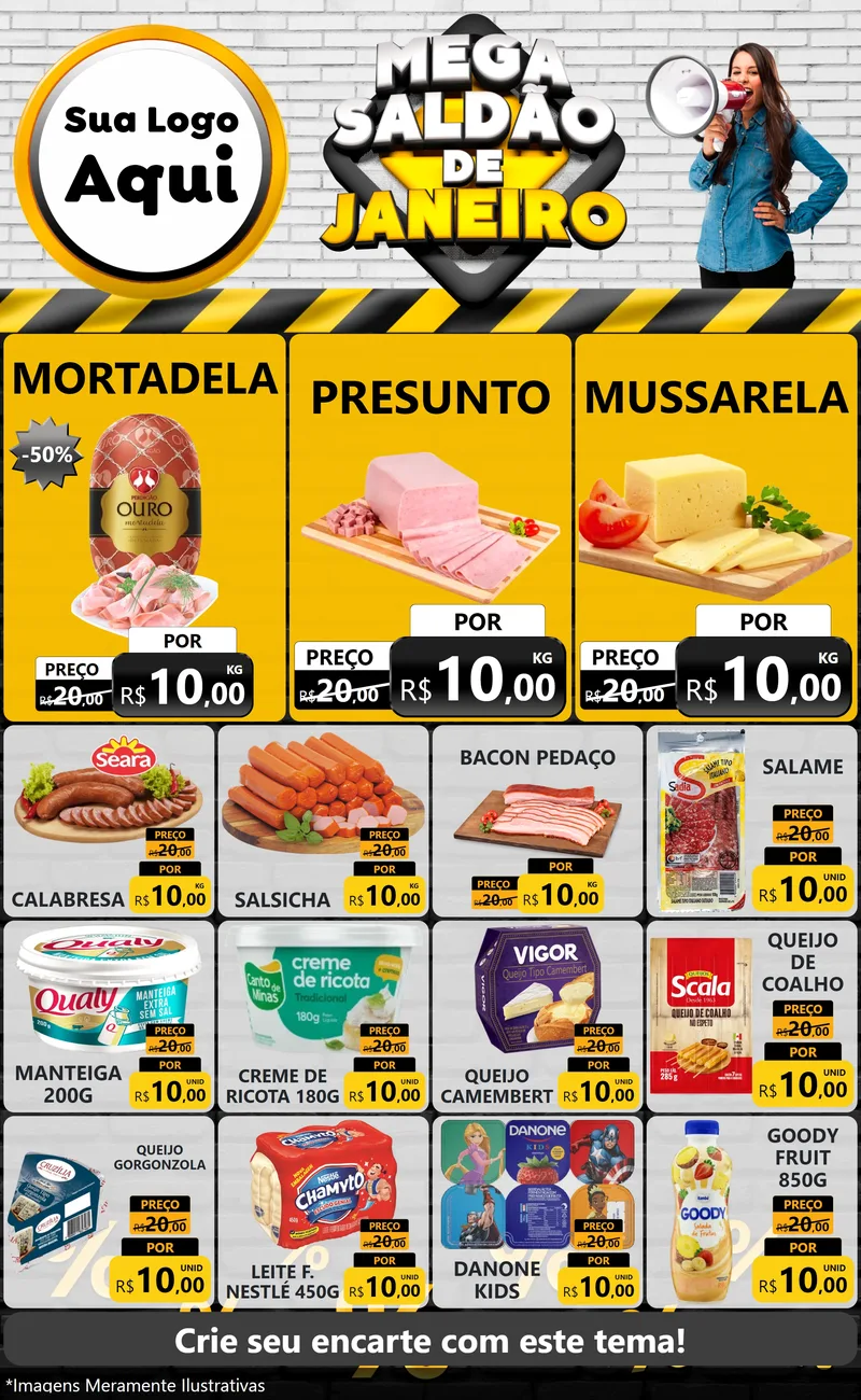 Modelo de Encarte para Encarte Grande com o tema Mega Saldão de Janeiro para Frios e Laticínios