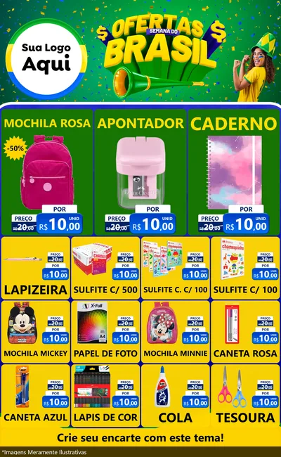 Modelo de Encarte para Encarte Grande com o tema Ofertas Semana do Brasil para Papelaria