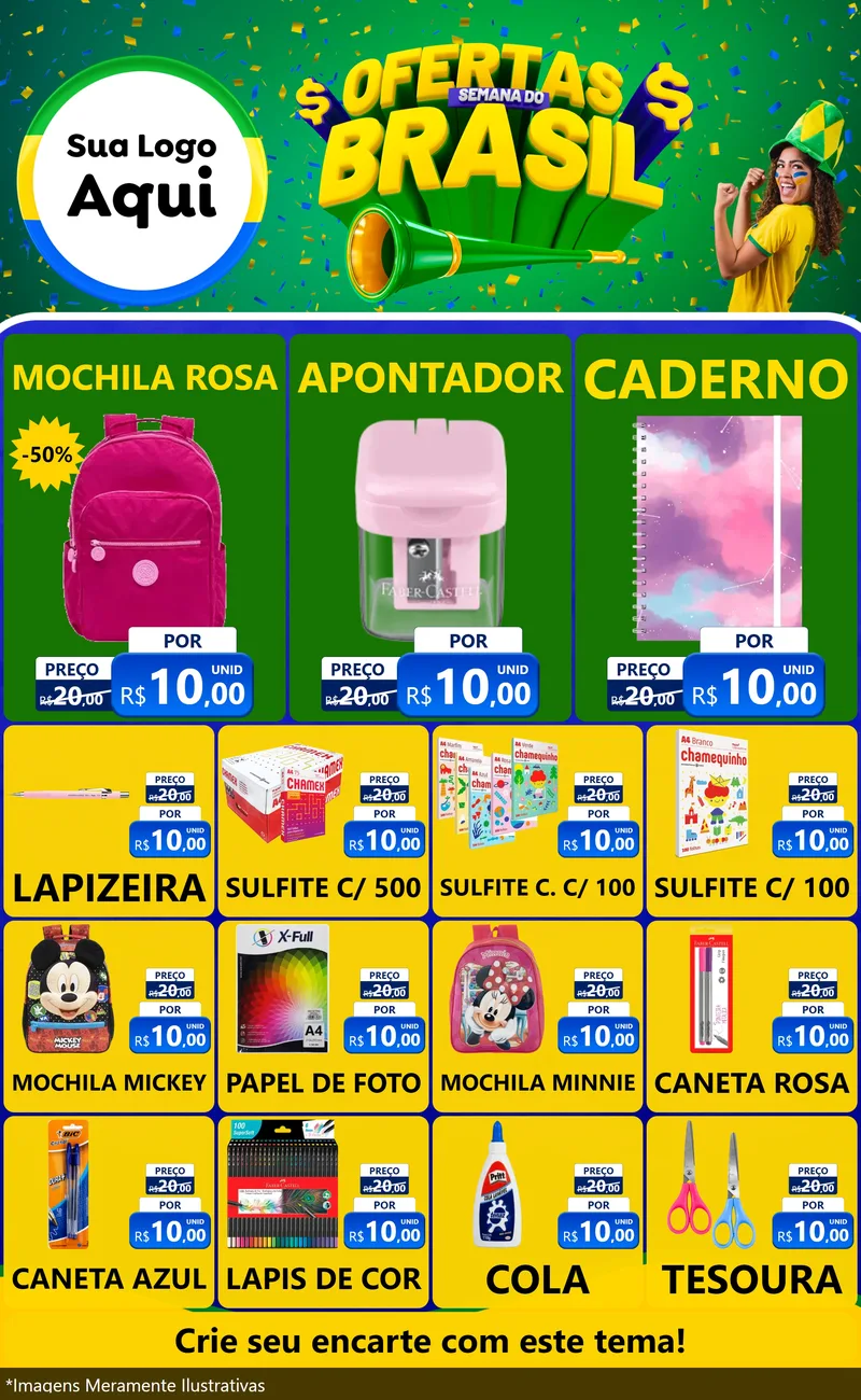 Modelo de Encarte para Encarte Grande com o tema Ofertas Semana do Brasil para Papelaria