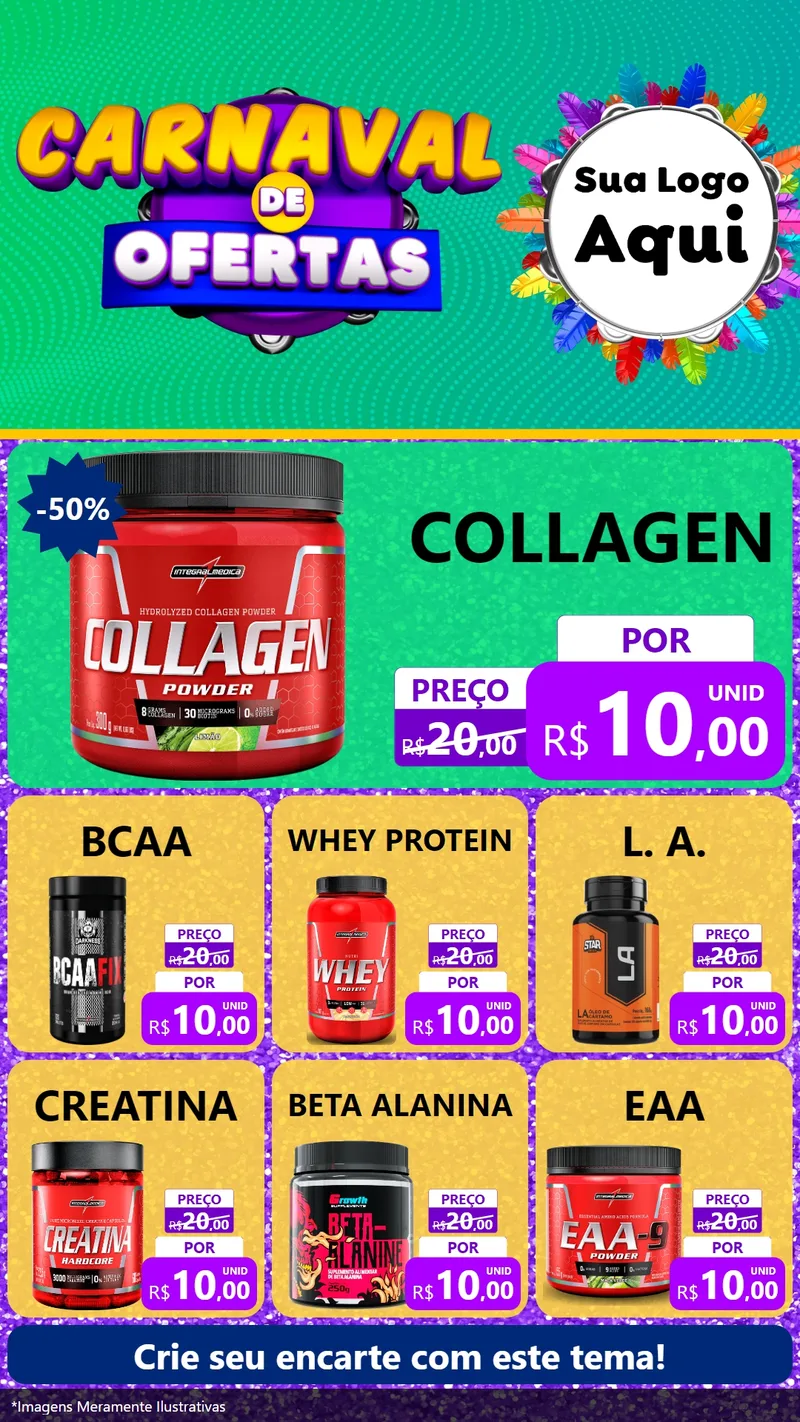 Modelo de Rede Social para Stories com o tema Carnaval de Ofertas para Suplementos alimentares