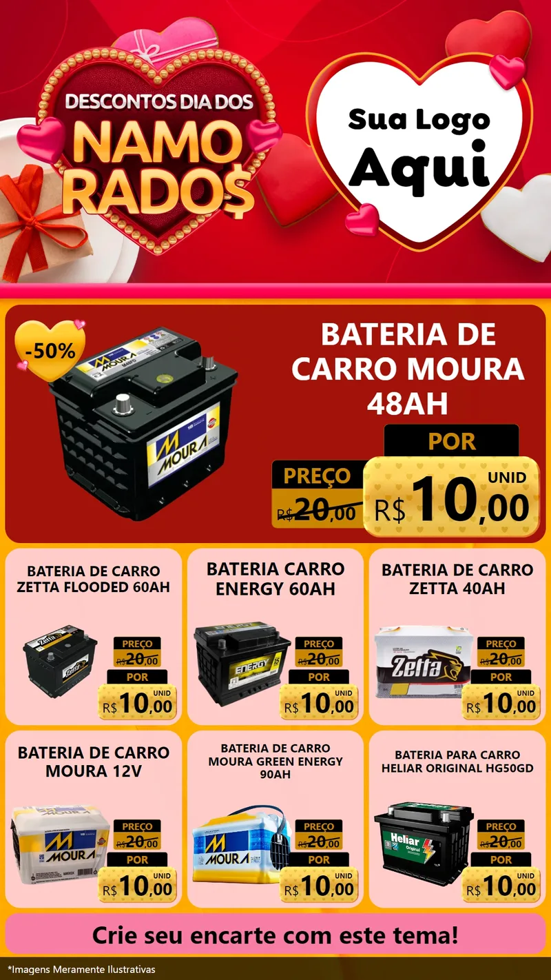 Modelo de Rede Social para Stories com o tema Descontos Dia dos Namorados para Baterias Elétricas