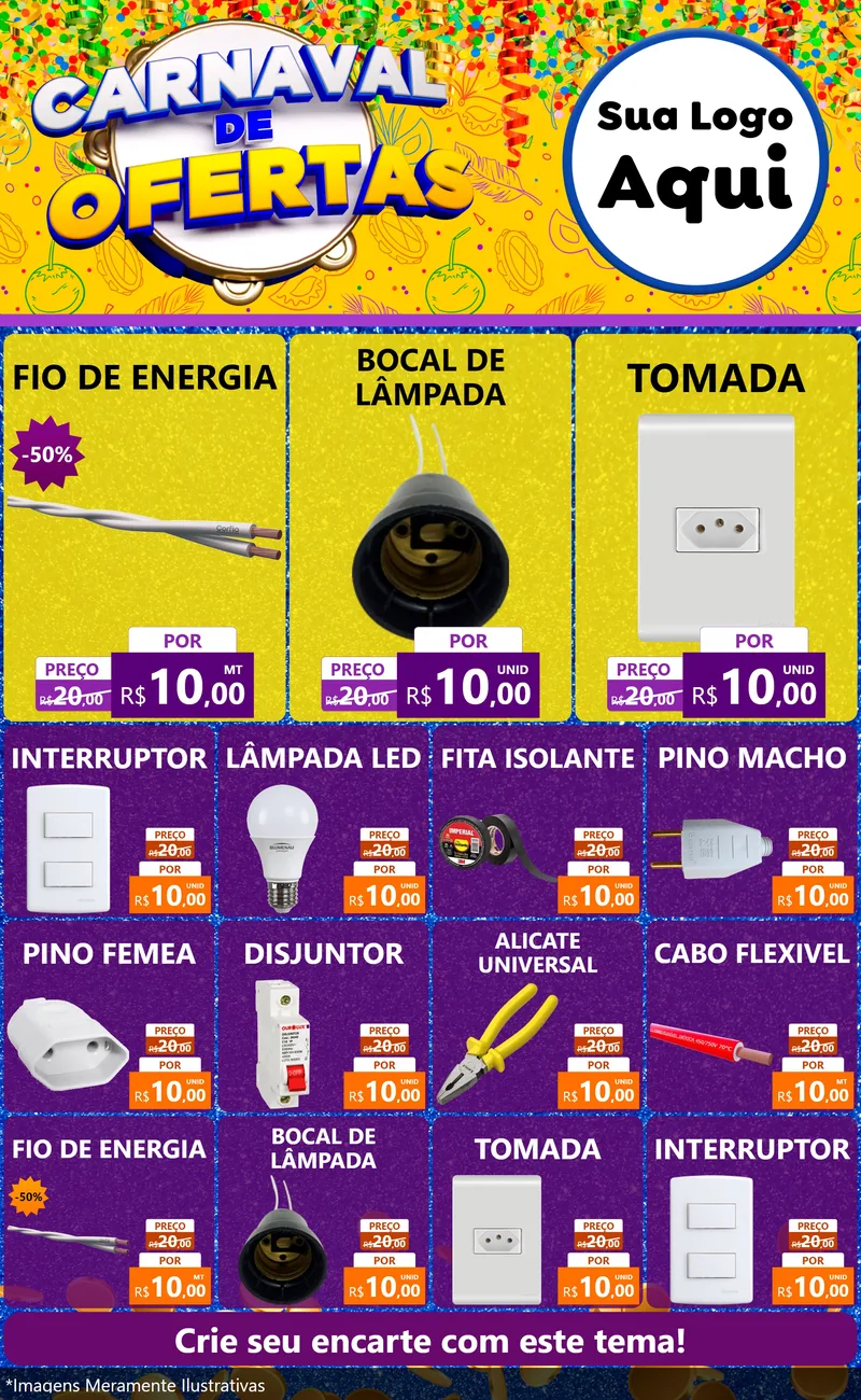 Modelo de Encarte para Encarte Grande com o tema Carnaval de Ofertas para Materiais Elétricos