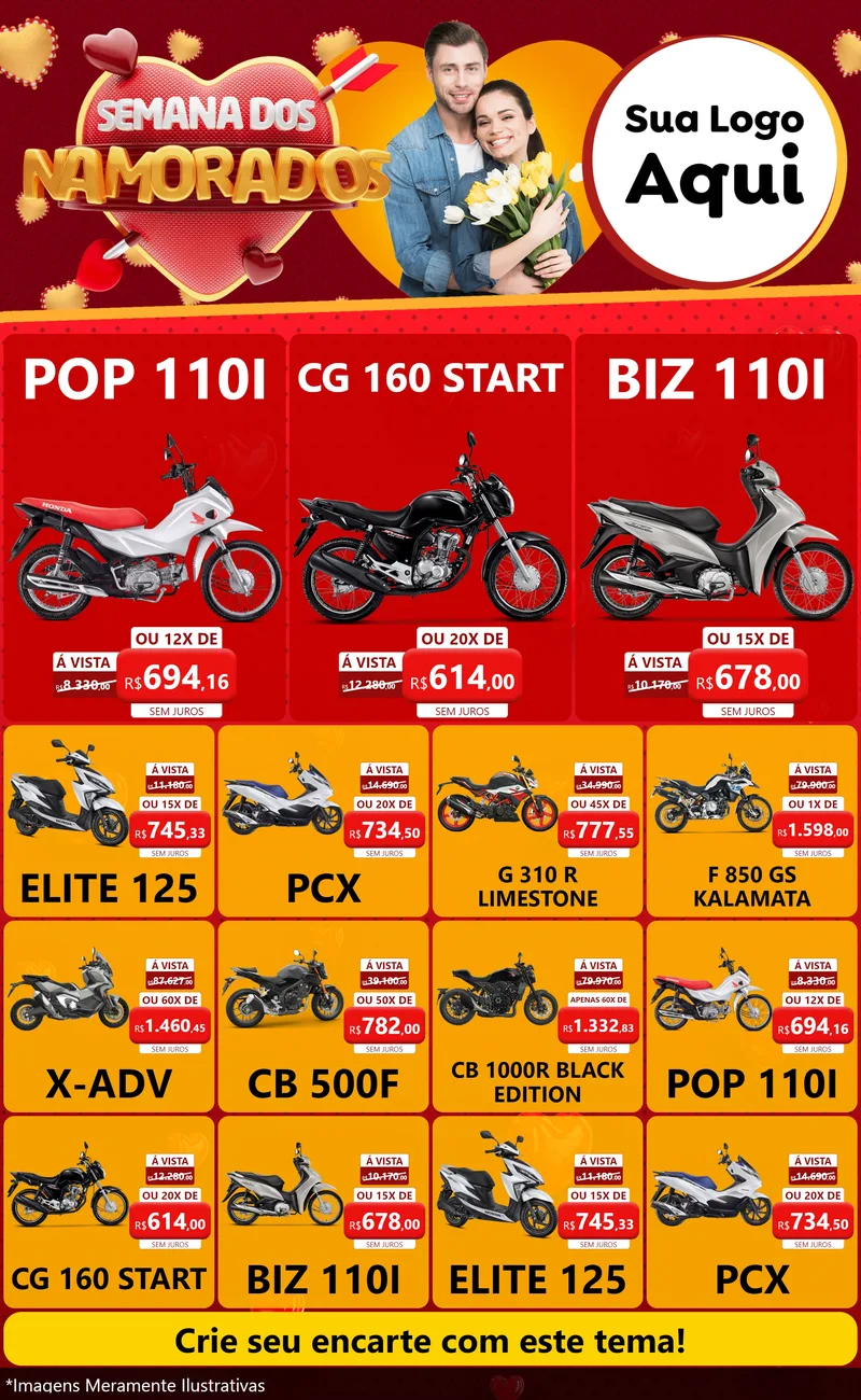 Modelo de Encarte para Encarte Grande com o tema Semana dos Namorados para Concessionaria de Motos