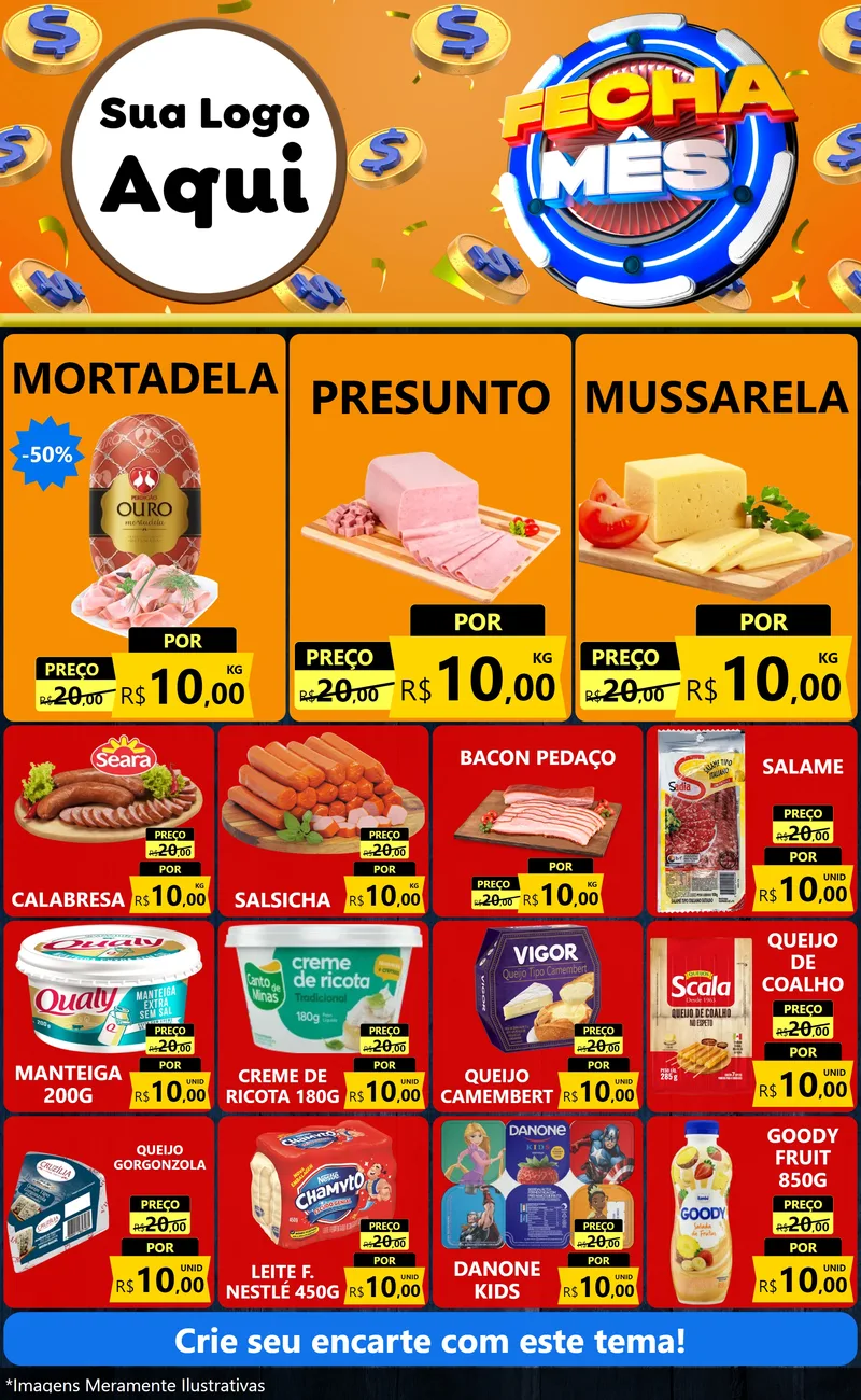 Modelo de Encarte para Encarte Grande com o tema Fecha Mês para Frios e Laticínios