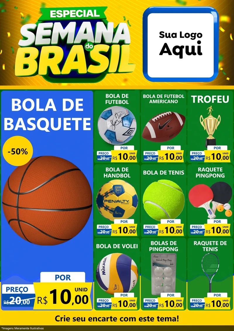 Modelo de Encarte para Encarte A4 Vertical com o tema Especial Semana do Brasil para Artigos Esportivos
