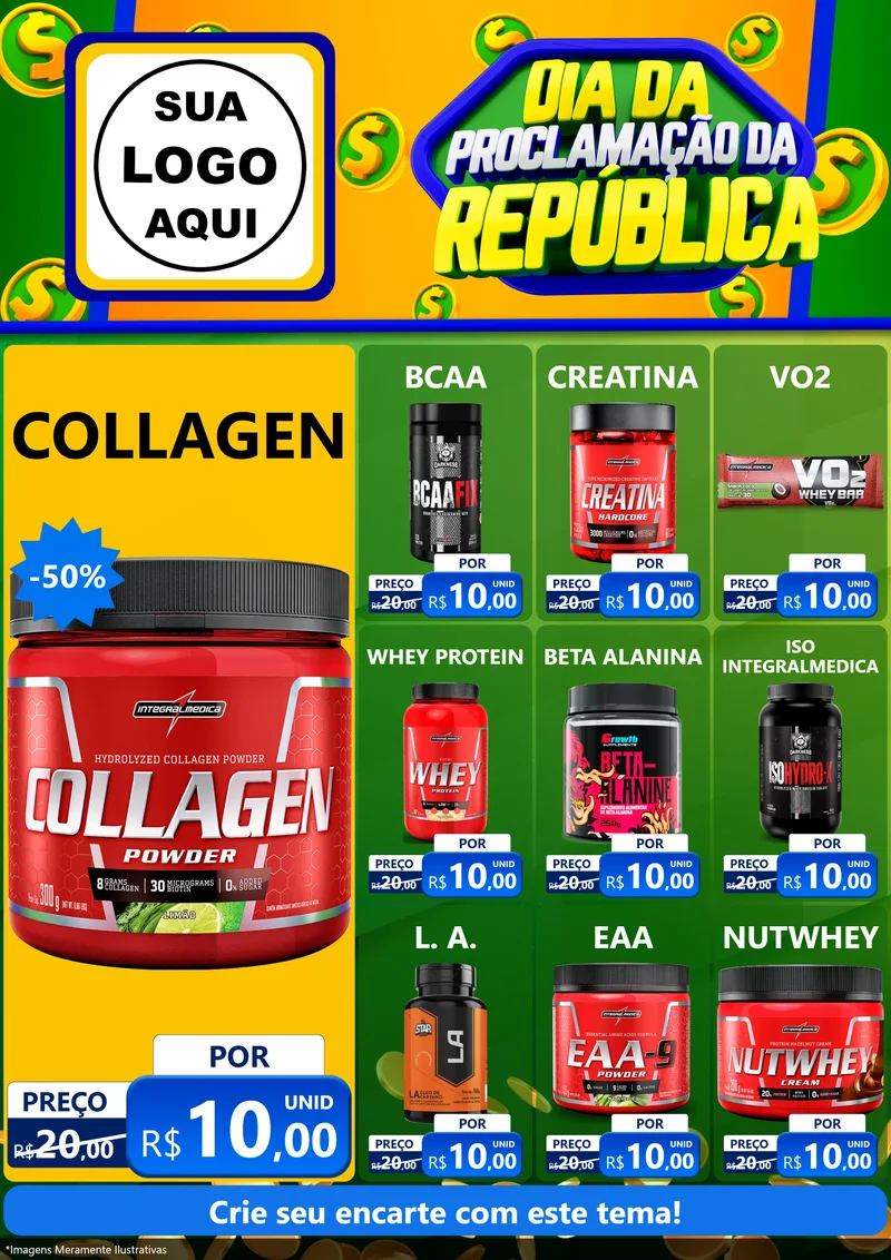 Modelo de Encarte para Encarte A4 Vertical com o tema Dia Da Proclamação da República para Suplementos alimentares
