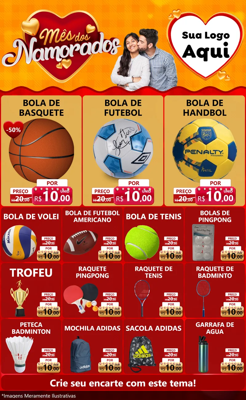 Modelo de Encarte para Encarte Grande com o tema Mês dos Namorados para Artigos Esportivos