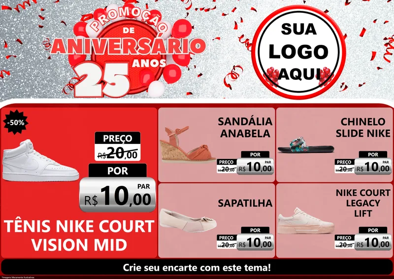 Modelo de Encarte para Encarte A4 Horizontal com o tema Promoção de Aniversário - 25Anos para Calçados