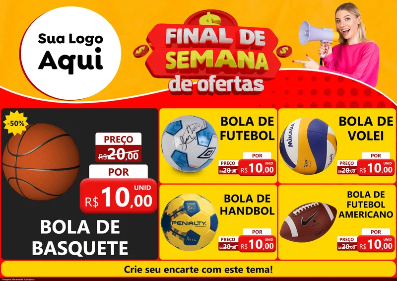 Modelo de Encarte para Encarte A4 Horizontal com o tema Final de Semana de Ofertas para Artigos Esportivos