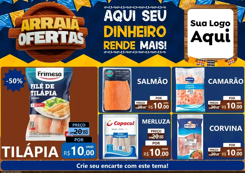 Modelo de Encarte para Encarte A4 Horizontal com o tema Arraiá de Ofertas - Junina para Peixaria