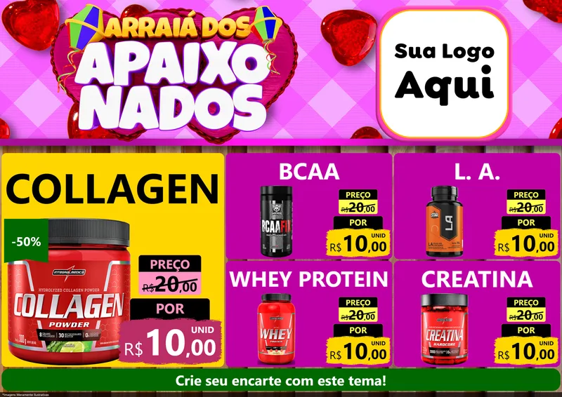 Modelo de Encarte para Encarte A4 Horizontal com o tema Arraiá dos Apaixonados para Suplementos alimentares