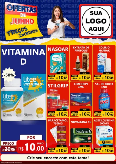 Modelo de Encarte para Encarte A4 Vertical com o tema Ofertas de Junho - Preços Incríveis para Farmácia