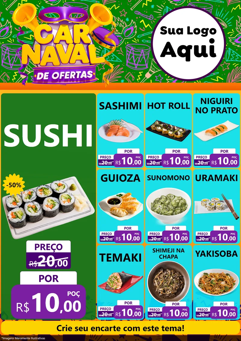 Modelo de Encarte para Encarte A4 Vertical com o tema Carnaval de Ofertas para Comida japonesa