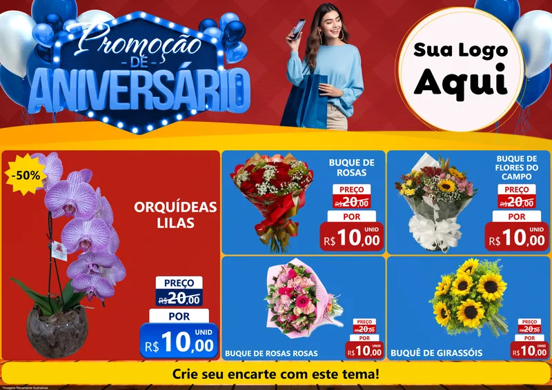 Modelo de Encarte para Encarte A4 Horizontal com o tema Promoção de Aniversário para Floricultura e jardim