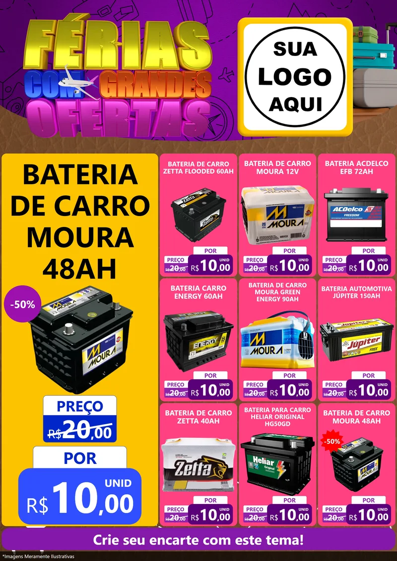 Modelo de Encarte para Encarte A4 Vertical com o tema Férias com Grandes Ofertas para Baterias Elétricas