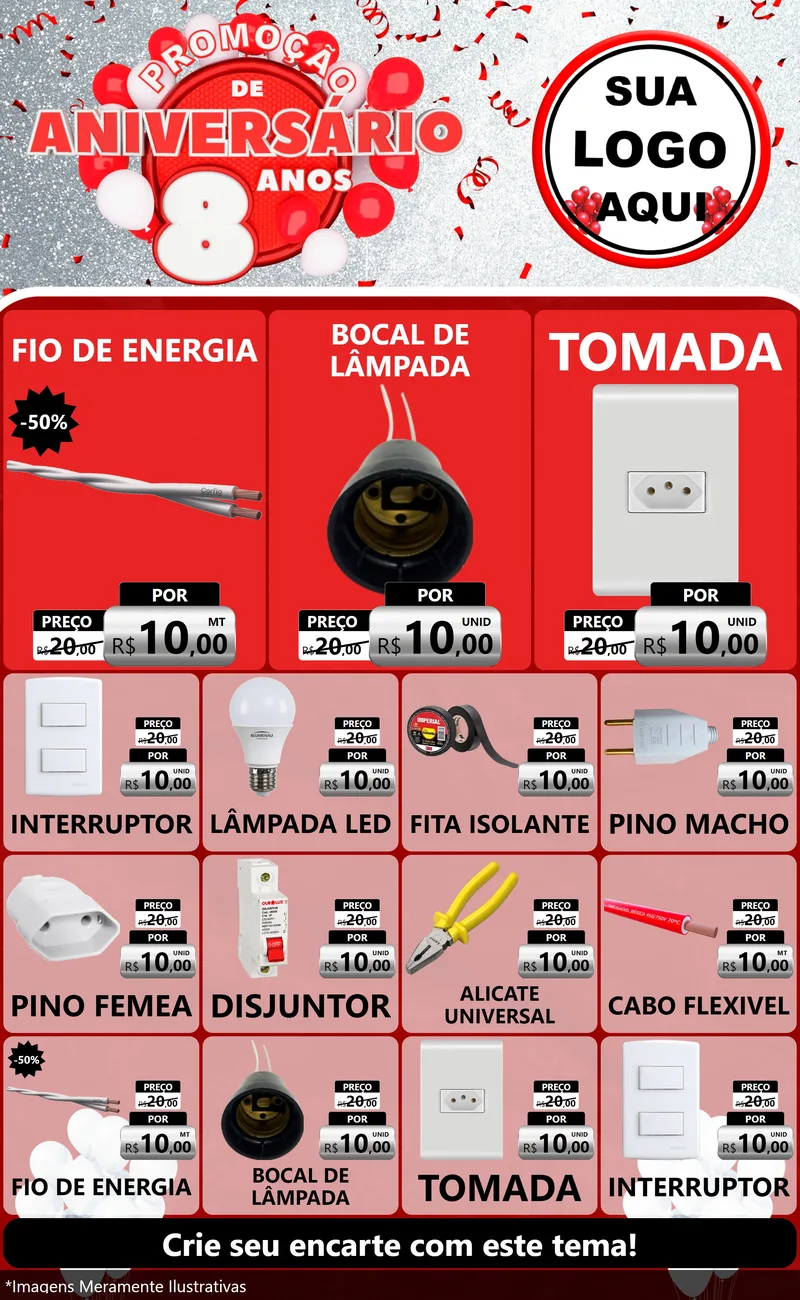 Modelo de Encarte para Encarte Grande com o tema Promoção de Aniversário - 8 Anos para Materiais Elétricos
