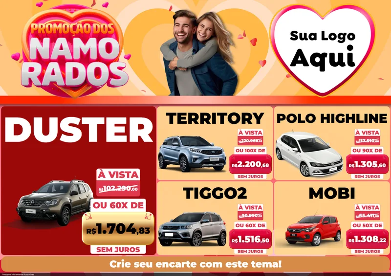 Modelo de Encarte para Encarte A4 Horizontal com o tema Promoção dos Namorados para Concessionaria de Carros