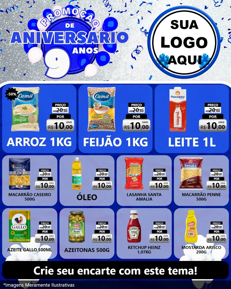 Modelo de Rede Social para Feed Instagram com o tema Promoção de Aniversário - 9 Anos para Supermercado