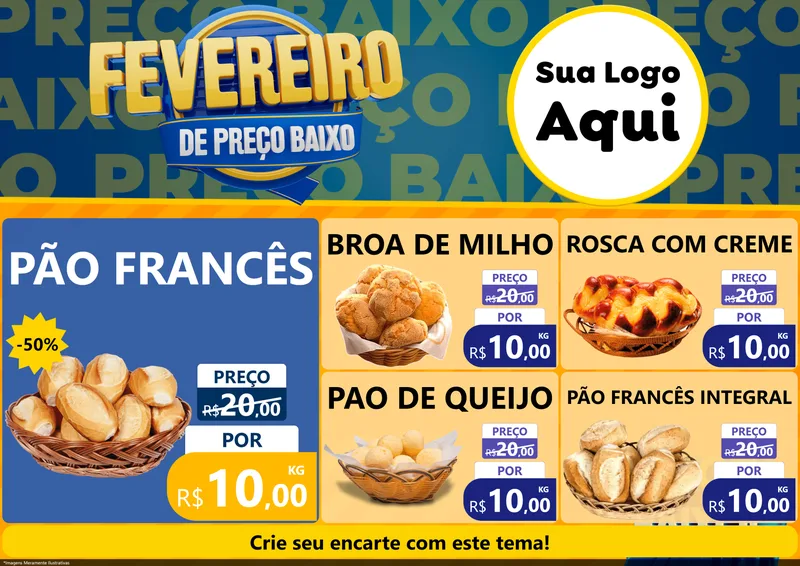 Modelo de Encarte para Encarte A4 Horizontal com o tema Fevereiro de Preço Baixo para Padaria