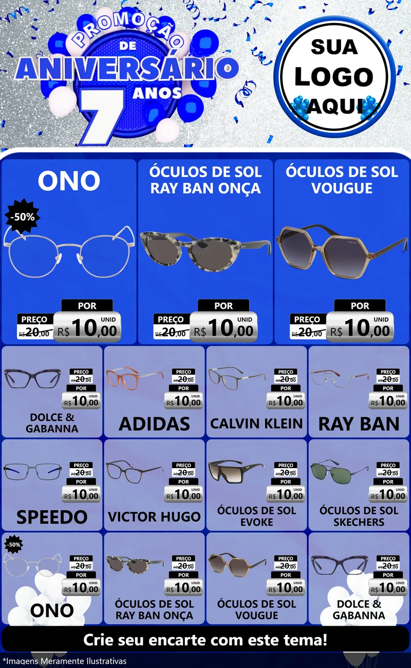 Modelo de Encarte para Encarte Grande com o tema Promoção de Aniversário - 7 Anos para Óticas