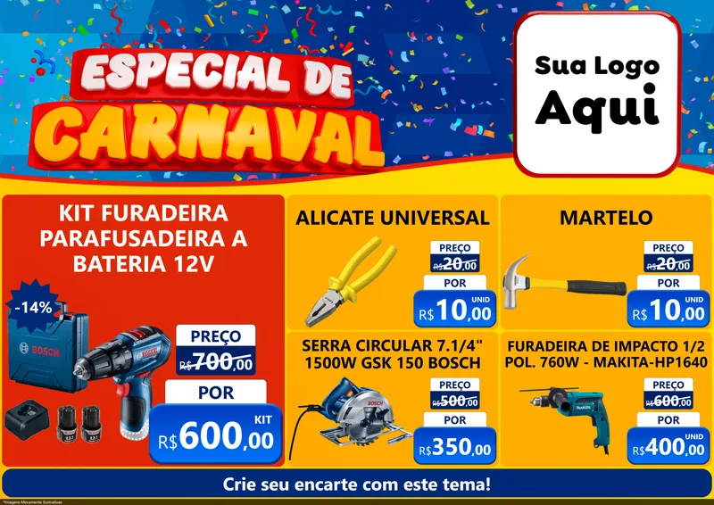 Modelo de Encarte para Encarte A4 Horizontal com o tema Especial de Carnaval para Maquinas e Ferramentas