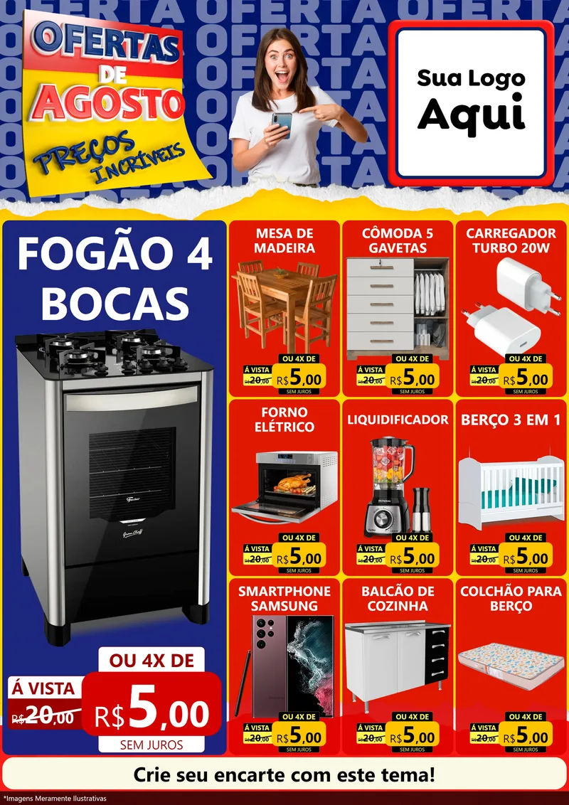 Modelo de Encarte para Encarte A4 Vertical com o tema Ofertas de Agosto - Preços Incríveis para Móveis e Eletro