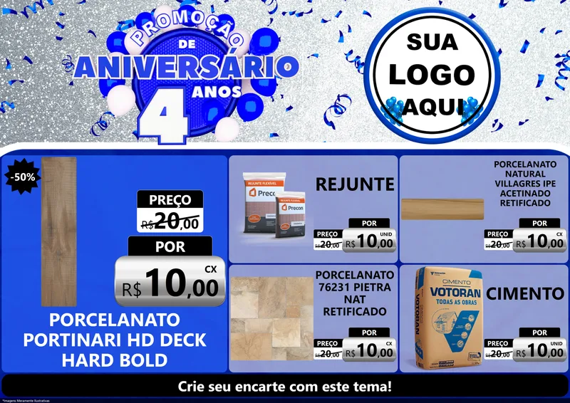 Modelo de Encarte para Encarte A4 Horizontal com o tema Promoção de Aniversário - 4 Anos para Pisos e revestimentos