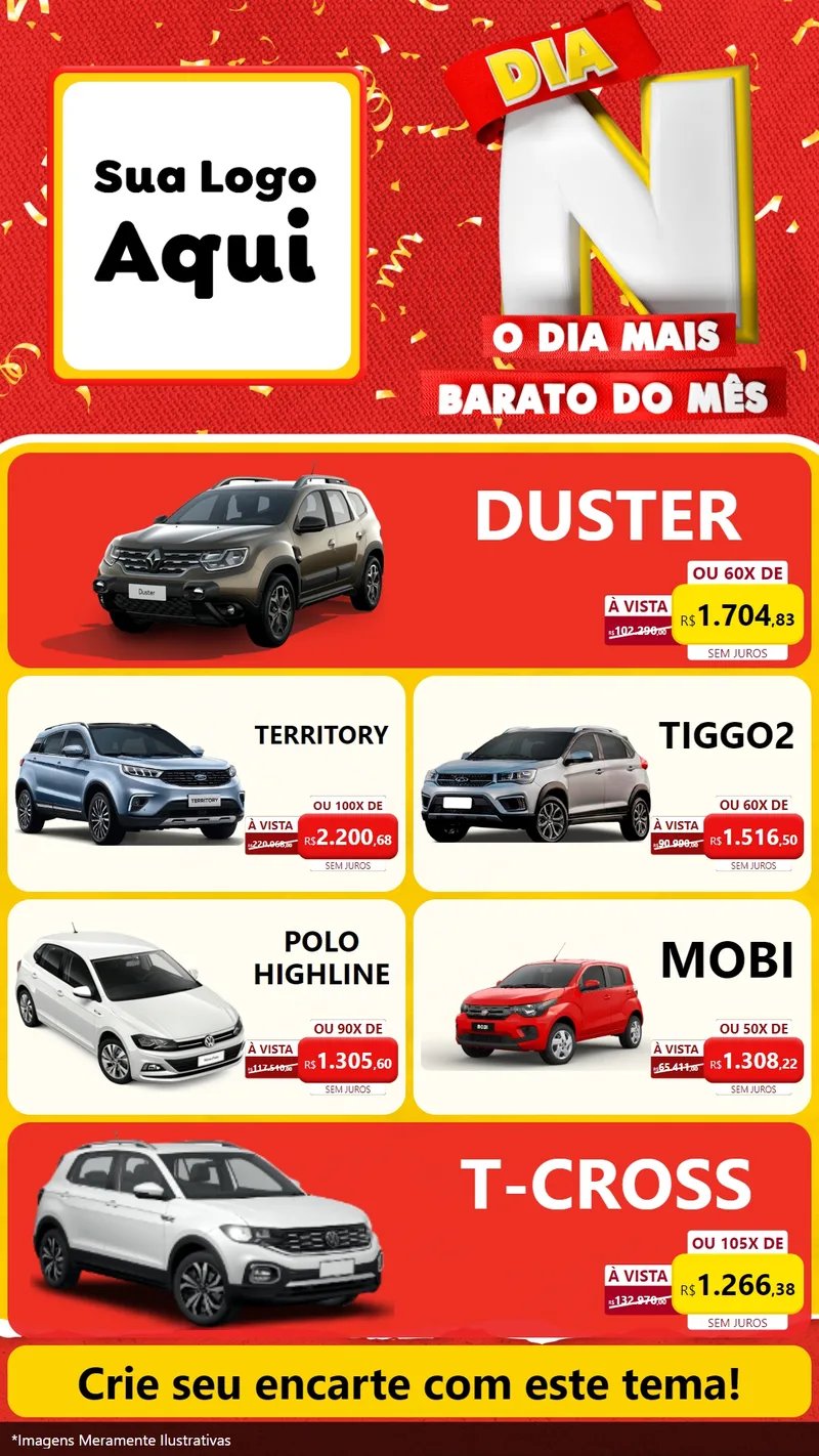 Modelo de TV para TV Vertical com o tema Dia N o Dia Mais Barato do Mês para Concessionaria de Carros