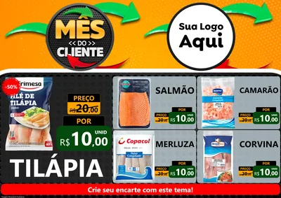 Modelo de Encarte para Encarte A4 Horizontal com o tema Mês do Cliente para Peixaria