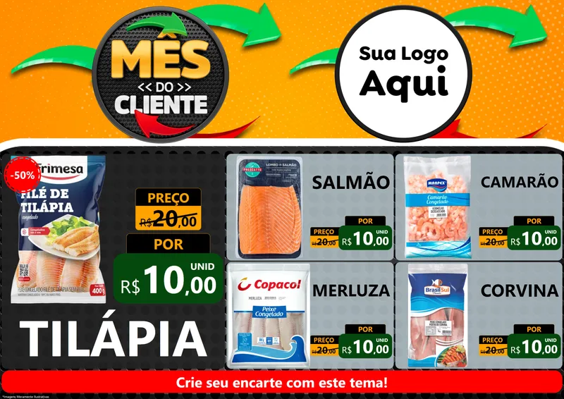 Modelo de Encarte para Encarte A4 Horizontal com o tema Mês do Cliente para Peixaria