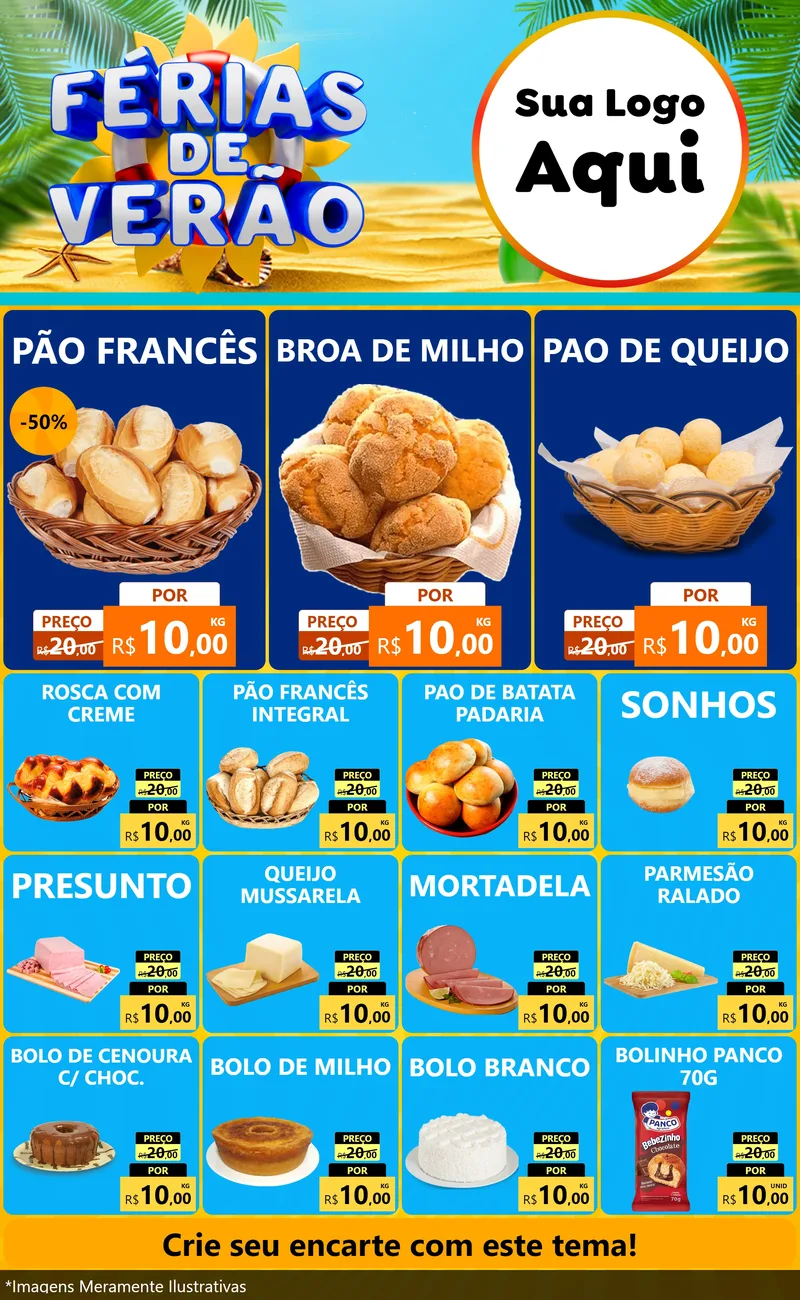 Modelo de Encarte para Encarte Grande com o tema Férias de Verão para Padaria