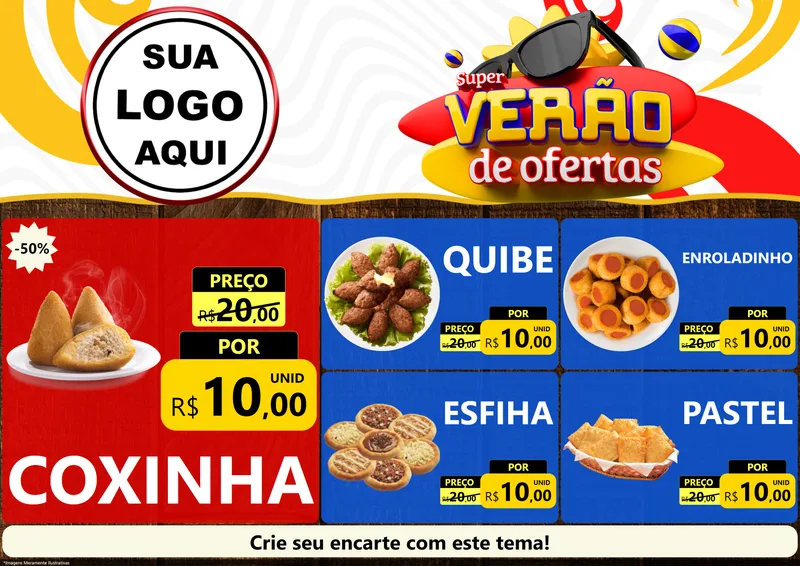 Modelo de Encarte para Encarte A4 Horizontal com o tema Super Verão de Ofertas para Salgadaria