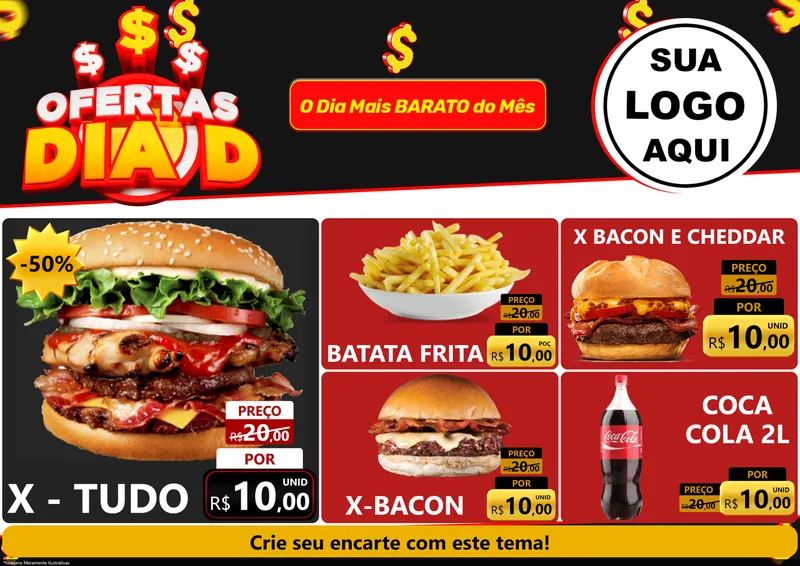 Modelo de Encarte para Encarte A4 Horizontal com o tema Ofertas Dia D para Hamburgueria