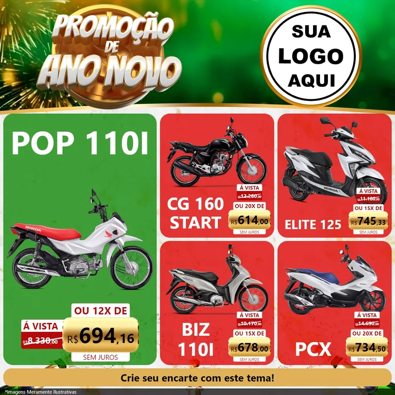 Modelo de Rede Social para Feed Facebook com o tema Promoção de Ano Novo para Concessionaria de Motos