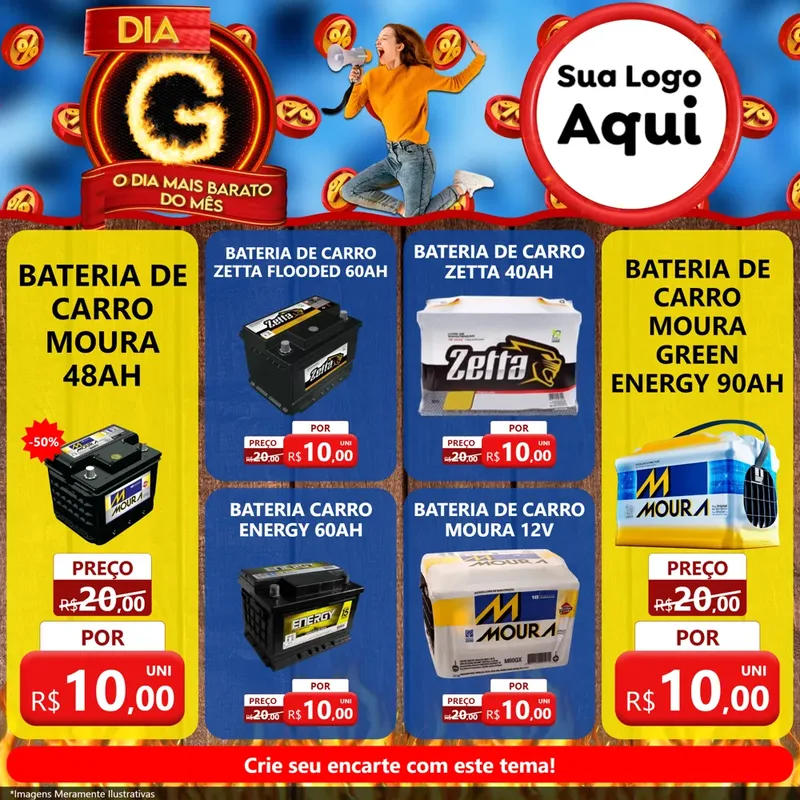 Modelo de Rede Social para Feed Facebook com o tema Dia G - O Dia Mais Barato Do Mês para Baterias Elétricas