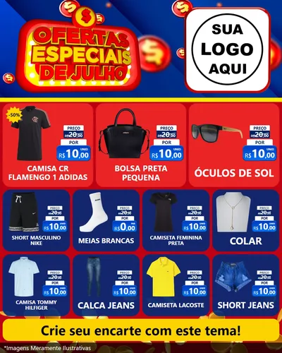 Modelo de Rede Social para Feed Instagram com o tema Ofertas Especiais de Julho para Roupas e acessórios