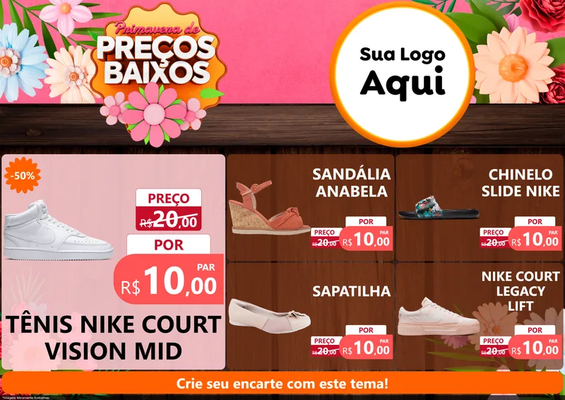 Modelo de Encarte para Encarte A4 Horizontal com o tema Primavera de Preços Baixos para Calçados